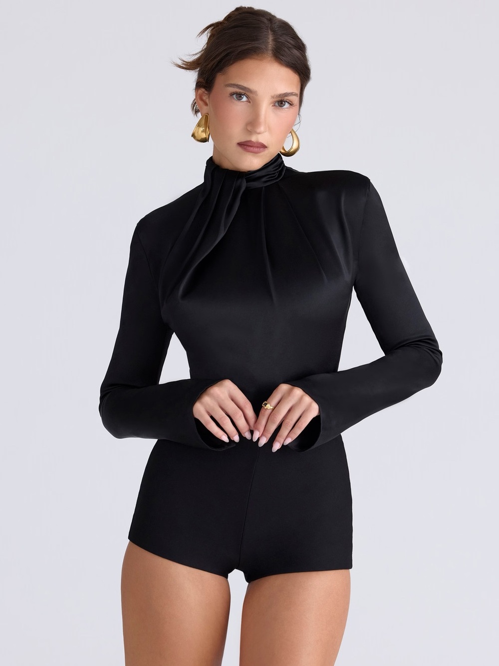 House of CB NENEH Black Satin High Neck Long Sleeve Bodysuit NWOT